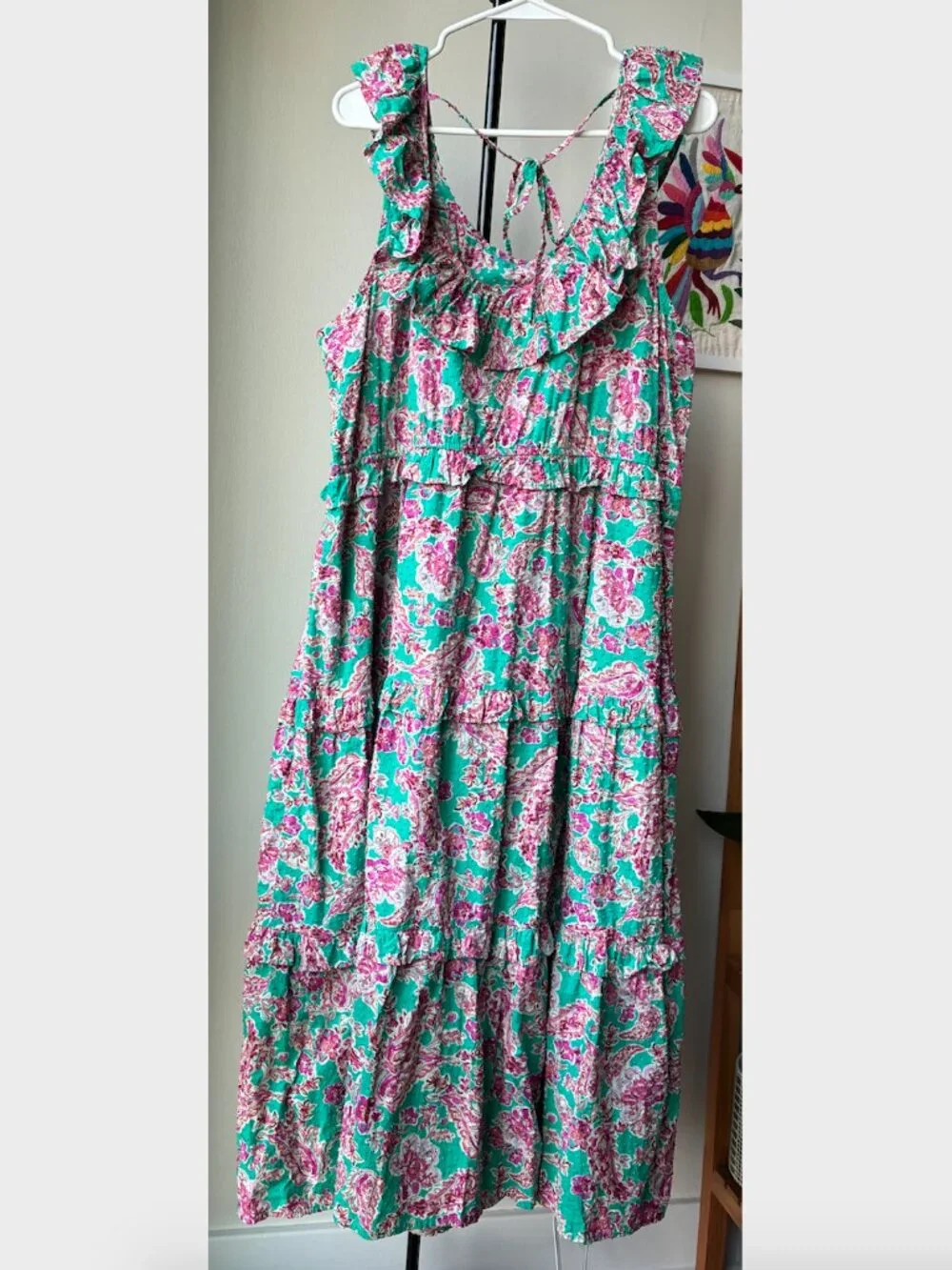 J. Crew	Floral Ruffle Tiered Pink and Green Midi Dress - Size 20